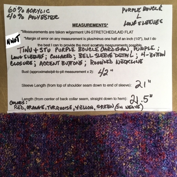 TINU & STU Cardigan, PURPLE BOUCLE, Long/Bell Sleeve, NWOT, Size L - Picture 8 of 8